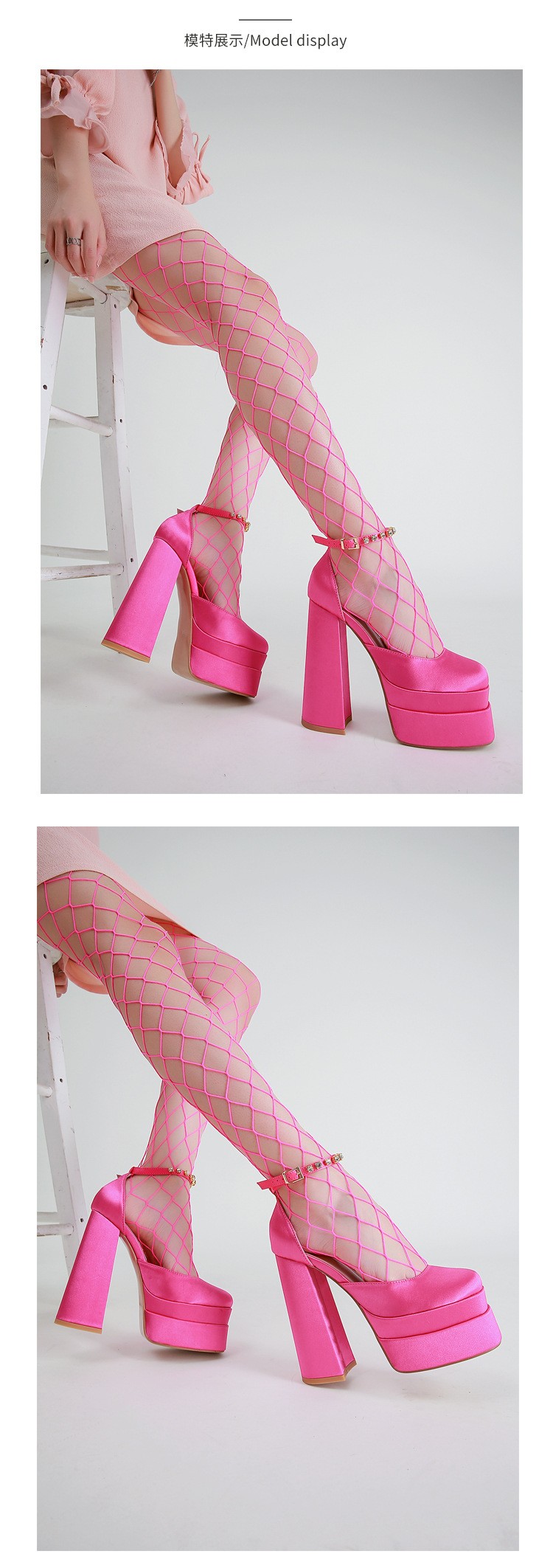 European and American Thick Platform Silk Super High Heel Sandals Shining Thick Heel Square Toe Show Heel Sandals Pumps