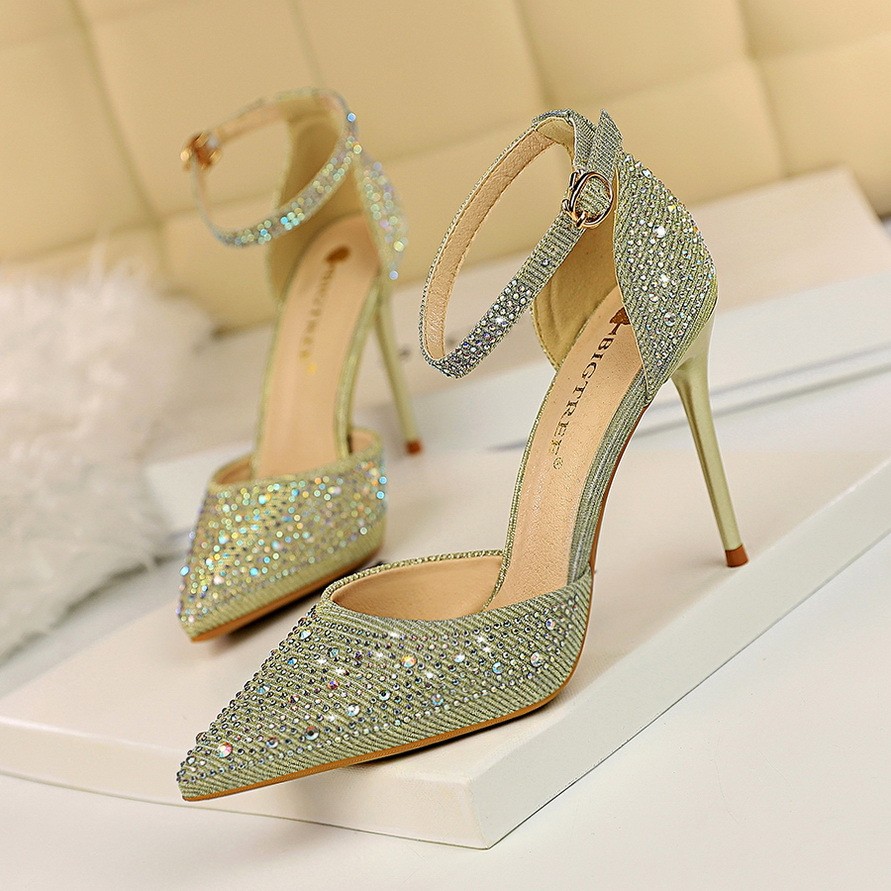 H0027 Fashion Glitter Pointed Toe Shining Crystal Rhinestone Luxury Women Pumps Bridal Mule High Heels 10cm Party Wedding Shoes