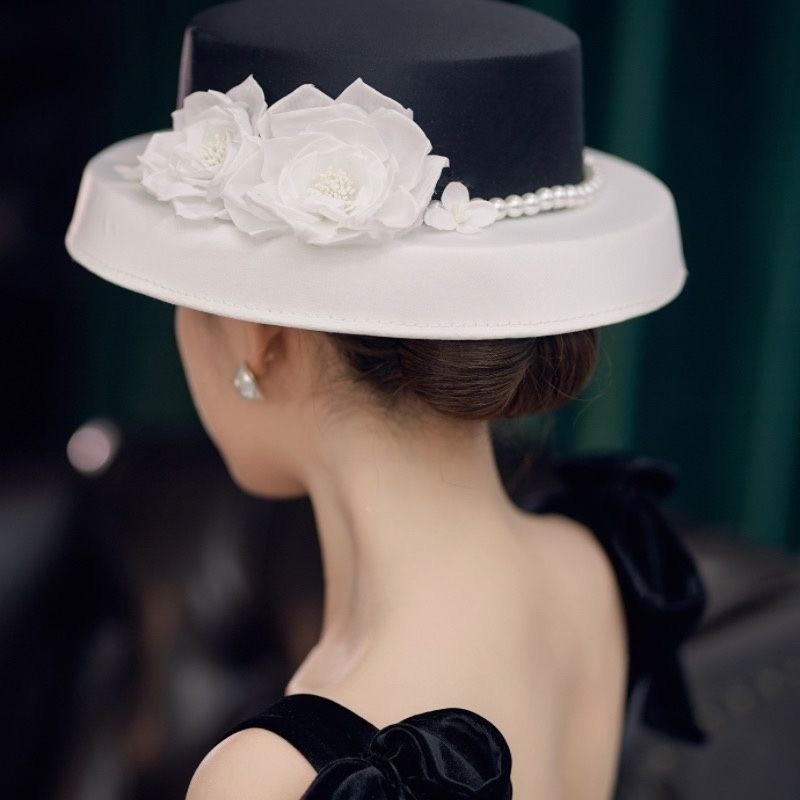Hera french style bride black hat silk flower decorated bridal fascinator hats women for wedding