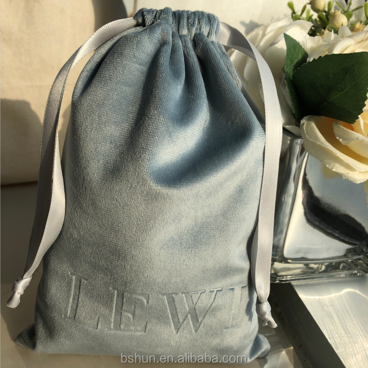 Custom logo printing Embossed Logo Soft Light Blue Plush Velvet Pouch Packaging Velvet Pouch for Handbags shoes clothes dust bag