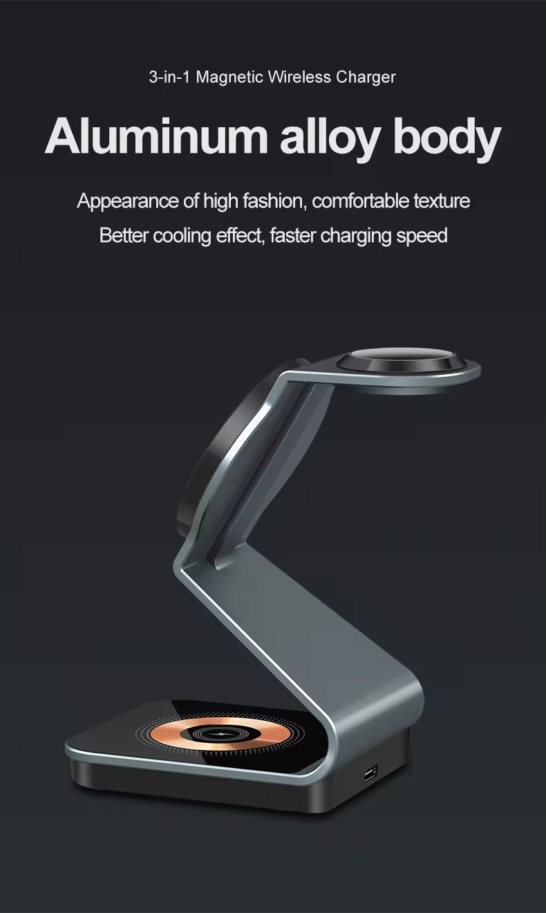 Aluminum 3 in 1 multi functional Wireless Charger Station 15W Magnetic Wireless fast Charging for Phone for Earbuds for watch