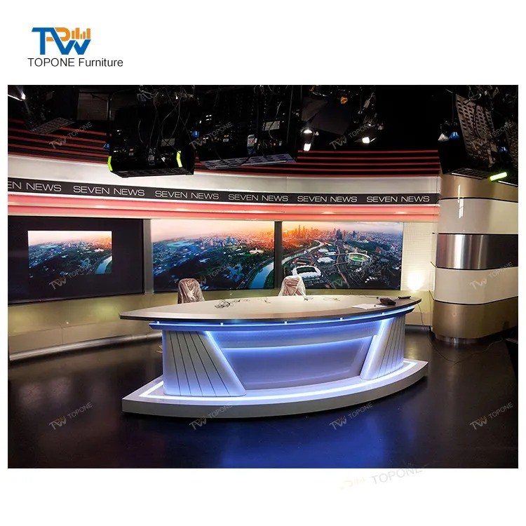 Multiple colors led light live room equipment broadcast TV news desk table for broadcasting