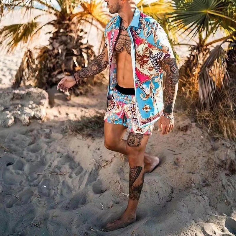 Summer beach shirt for men loose shirt Hawaiian men's shirts print suit two piece man shorts sets